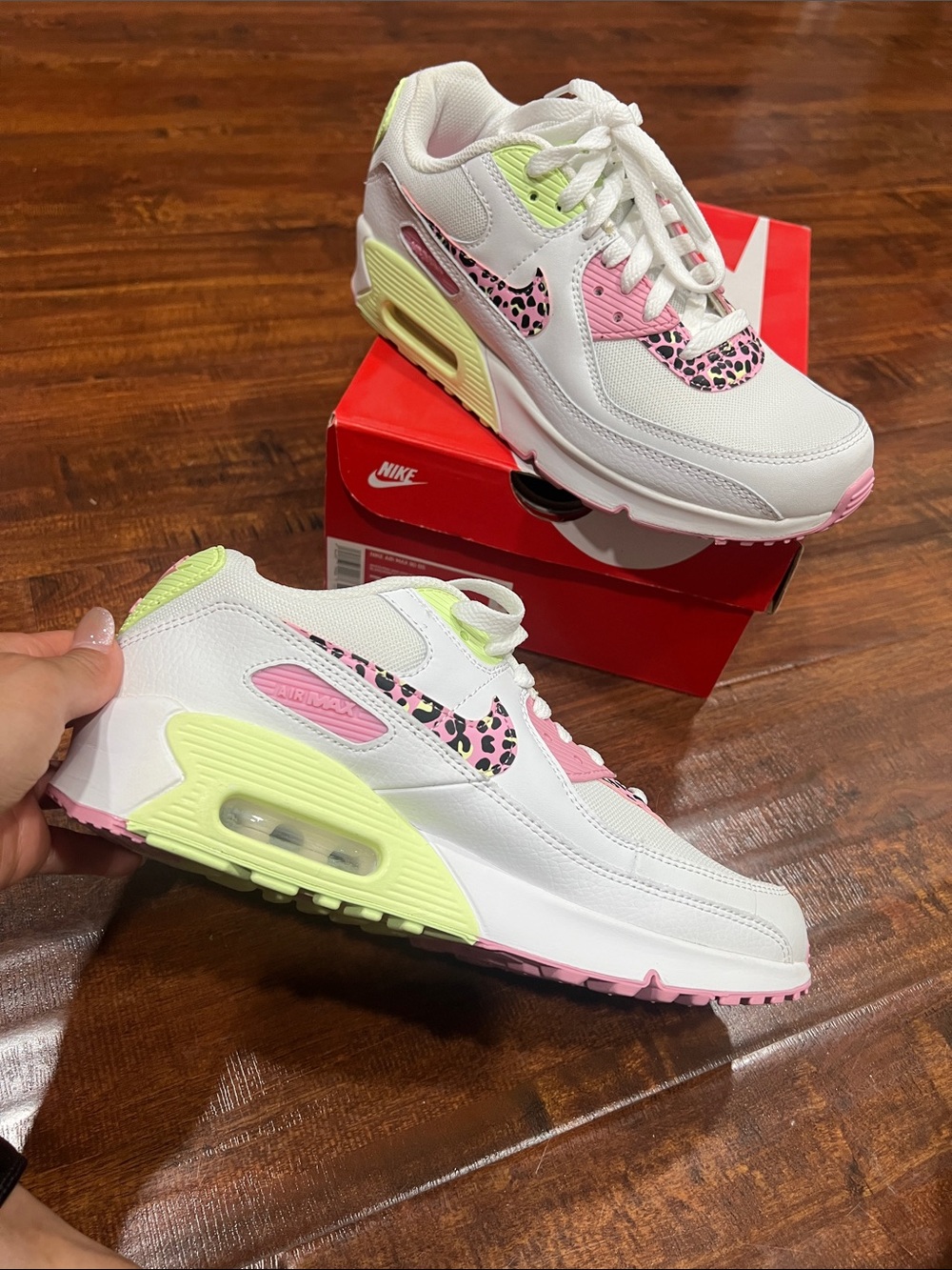 Nike Women’s White Air Max 90 with Pink Leopard and Neon Yellow Accents